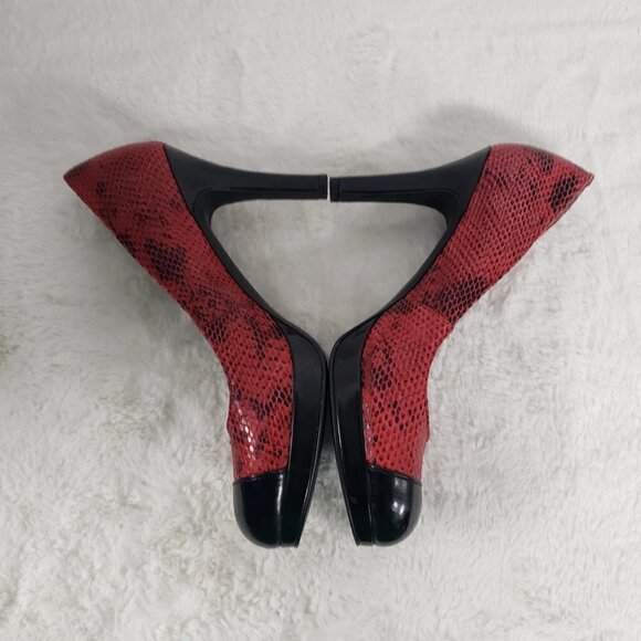 Tahari Laura Pumps Stiletto Red Snakeskin Black Patent Leather Pinup Vamp 7 - Picture 9 of 15